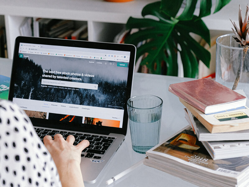 Person working on a laptop at a desk with books and a plant
